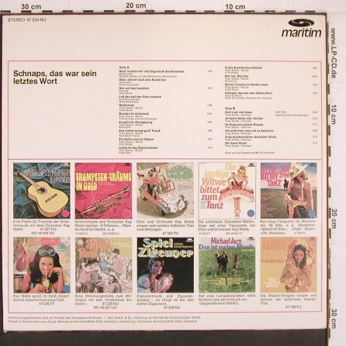 V.A.Schnaps,das war s.letztes Wort: mit Willy Millowitsch, Horst Muys.., Maritim (47 234 NU), D, 18Tr. Typ: LP Best.-Nr.: Y2073 Preis: 5,00 Euro
