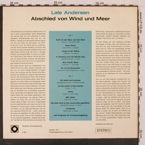 Andersen,Lale: Abschied von Wind und Meer, Deutscher Schallplattenc (H 045), D Typ: LP Best.-Nr.: Y2383 Preis: 6,00 Euro