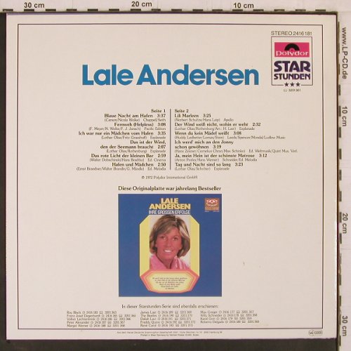 Andersen,Lale: Ihre Grossen Erfolge'72,StarStunden, Polydor (2416 181), D, Ri Typ: LP Best.-Nr.: Y2388 Preis: 6,00 Euro