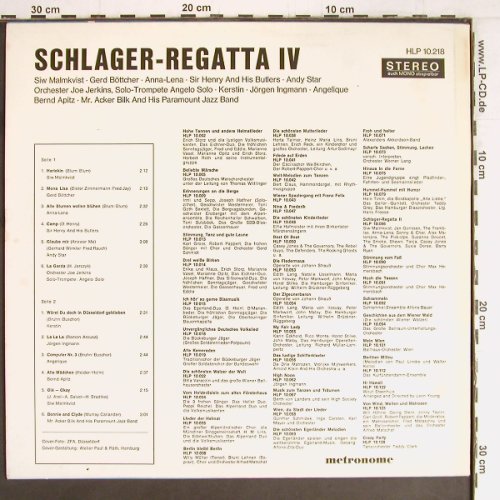V.A.Schlager-Regatta 4: Siw Malmkvist...Mr.Acker Bilk,12Tr., Metronome (HLP 10.218), D, 1968 Typ: LP Best.-Nr.: Y2610 Preis: 6,00 Euro