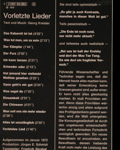 Kreisler,Georg: Vorletzte Lieder, m--/m-, Preiser (C 062-94 083), D, 1972 Typ: LP Best.-Nr.: Y4696 Preis: 17,50 Euro