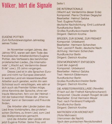 V.A.Völker Hört die Sinale: Internationale...Sein rotes Banner, Eterna (8 15 061), DDR, 1980 Typ: LP Best.-Nr.: Y5131 Preis: 5,00 Euro