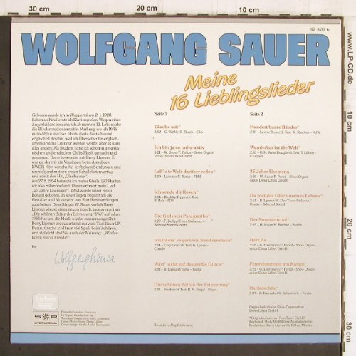 Sauer,Wolfgang: Meine 16 Lieblingslieder, SR (42 870 6), D, 1985 Typ: LP Best.-Nr.: Y5926 Preis: 6,00 Euro