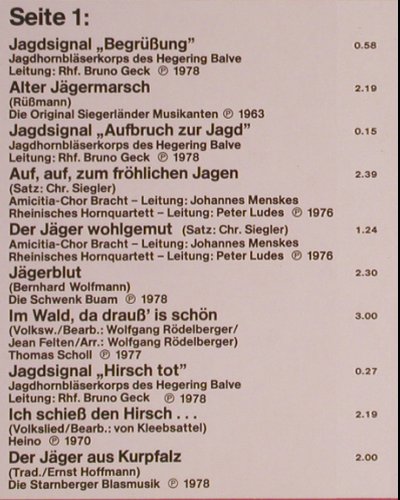 V.A.Volkstümliche Jagdlieder: Lieder,Märsche,Signale zur Jagd, HörZu (054-45 117), D, 1978 Typ: LP Best.-Nr.: Y6730 Preis: 6,00 Euro