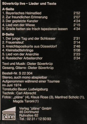 Süverkrüp,Dieter: Lieder und Texte, Foc, Booklet, Pläne (S 22 304), D, m /vg+, 1974 Typ: LP Best.-Nr.: Y6943 Preis: 7,50 Euro