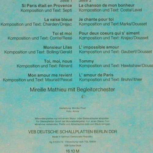 Mathieu,Mireille: L'amour de Paris, Amiga(8 55 305), DDR, 1975 - LP - Y7873 - 7,50 Euro