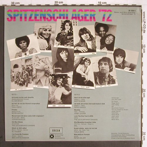 V.A.Spitzenschlager'72: Oliver Bendt... Peter Orloff, Decca Club Sonderauflage (28 308-5), D, m-/vg+, 1972 Typ: LP Best.-Nr.: Y9580 Preis: 5,00 Euro