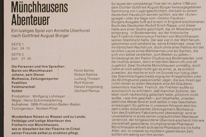 Münchhausens Abenteuer: Die lustigen Lügengeschichten..., Maritim(47 345 NW), D,Hörspiel,  - LP - F6580 - 5,00 Euro