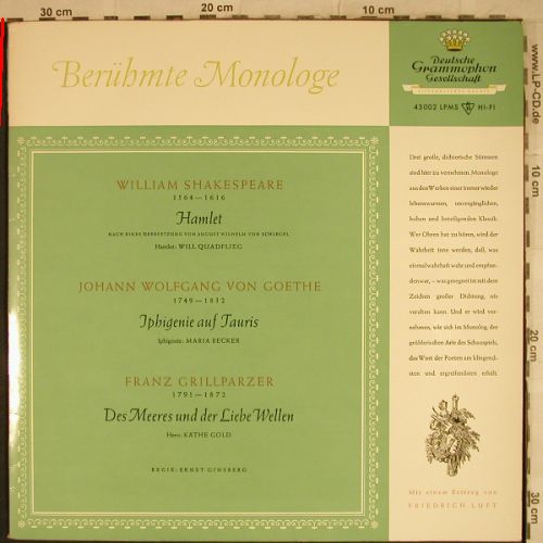 Shakespeare/von Goethe/Grillparzer: Berühmte Monologe, m-/vg+, D.Gr.(43 002 LPMS), D, Foc, 1957 - LP - H9527 - 6,00 Euro