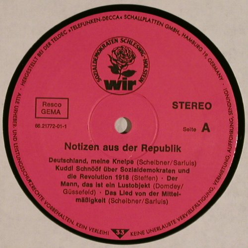 V.A.Notizen aus der Republik: Live-Ausschnitte einer öffentlichen, WIR(66.21772-01), D, 1978 - LP - V1942 - 12,50 Euro