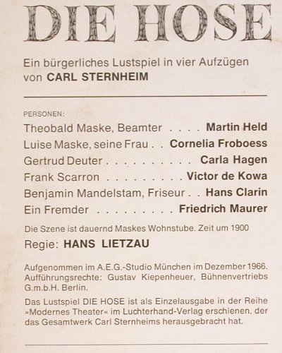 Die Hose: Carl Sternheim - Ein Lustspiel, Foc, Telefunken (STSC 13450), D Typ: 2LP Best.-Nr.: V197 Preis: 9,00 Euro