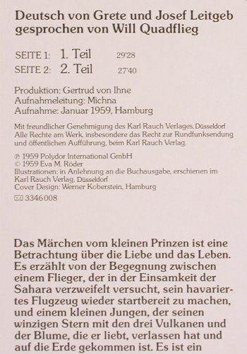 Der Kleine Prinz: Will Quadflieg spricht (1959), Deutsche Grammophon (2546 008), D, Ri Typ: LP Best.-Nr.: V2328 Preis: 5,00 Euro