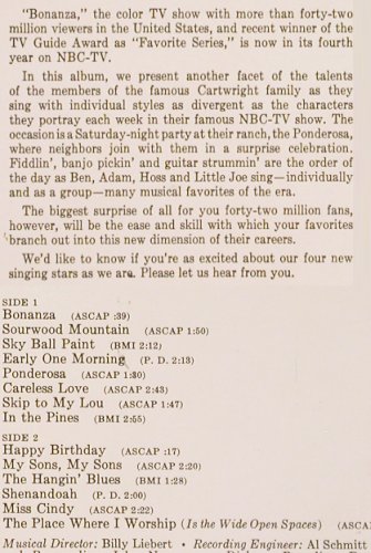 Bonanza: Ponderosa Party Time(music/spoken), RCA (LPM-2583), D, Mono, 1962 Typ: LP Best.-Nr.: V3692 Preis: 20,00 Euro