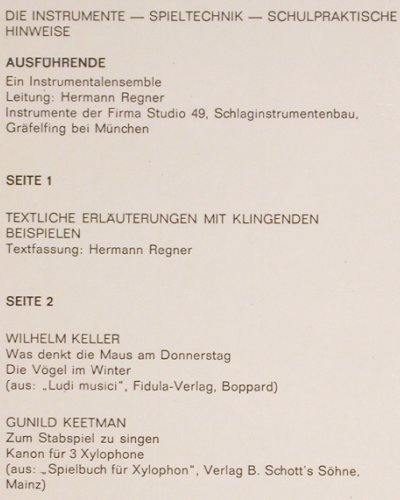 V.A.Die Orff-Instrumente: Einführung in das Orff-Instrument., Pelca (PSRP 40 540), D,Booklet Typ: LP Best.-Nr.: V3834 Preis: 12,50 Euro