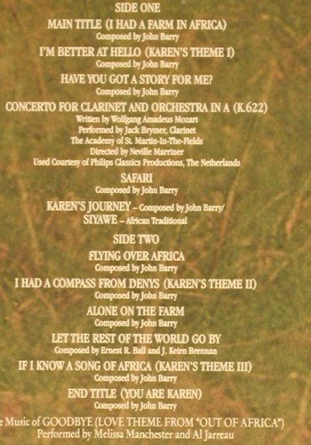 Out Of Africa: Music from Soundtrack by John Barry, MCA (03310), D, 1985 Typ: LP Best.-Nr.: V649 Preis: 6,00 Euro
