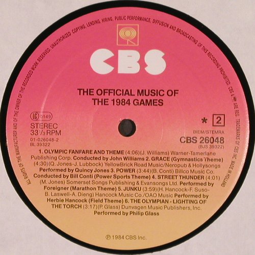 V.A.Official Music Of 1984 Games: Toto, Moroder,Philip Glass...12 Tr., CBS(CBS 26048), NL, co, 1984 - LP - X1636 - 2,00 Euro