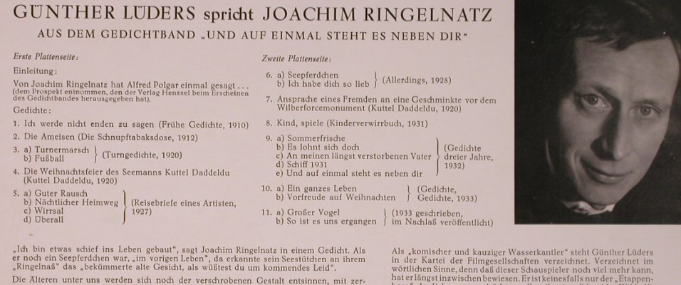 Lüders,Günther: spricht Joachim Ringelnatz, Telefunken (PLB 6197), D Typ: 10" Best.-Nr.: X5763 Preis: 12,50 Euro