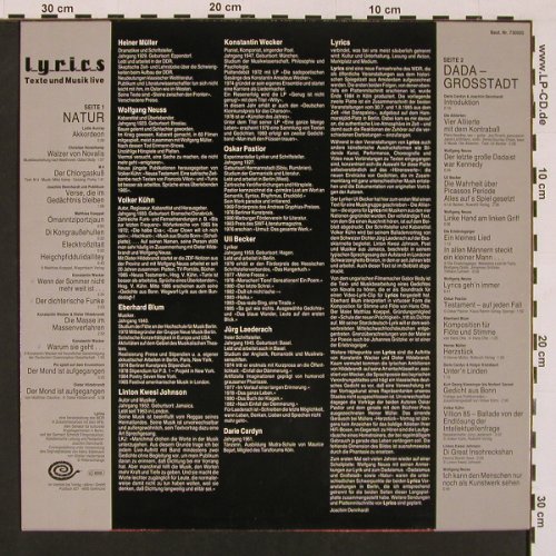 V.A.Lyrics: Texte und Musik Live, m-/vg+, Rillenschlange (730005), D, 1984 Typ: LP Best.-Nr.: X8673 Preis: 9,00 Euro