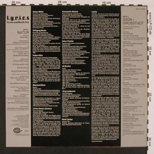 V.A.Lyrics: Texte und Musik Live, m-/vg+, Rillenschlange(730005), D, 1984 - LP - X8673 - 10,50 Euro