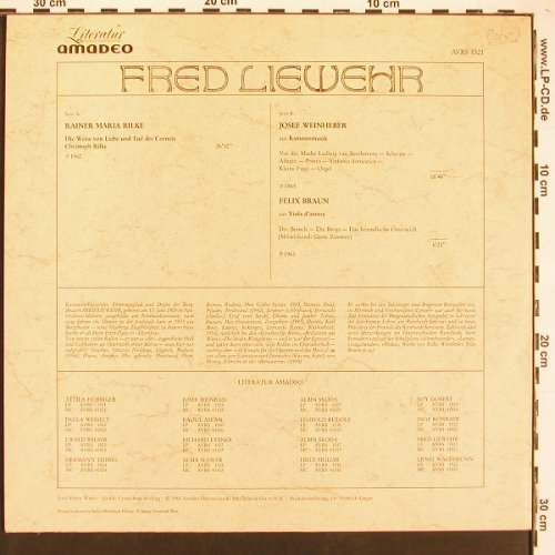 Liewehr,Fred liest: Rilke,Weinheber Felix Braun (1960), Amadeo (AVRS 1521), A, 1984 Typ: LP Best.-Nr.: X9392 Preis: 9,00 Euro