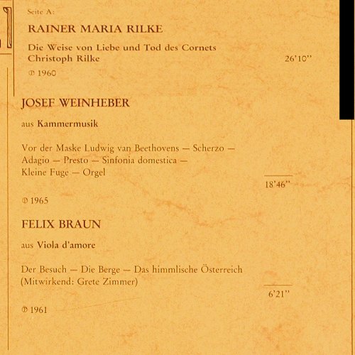 Liewehr,Fred liest: Rilke,Weinheber Felix Braun (1960), Amadeo (AVRS 1521), A, 1984 Typ: LP Best.-Nr.: X9392 Preis: 9,00 Euro