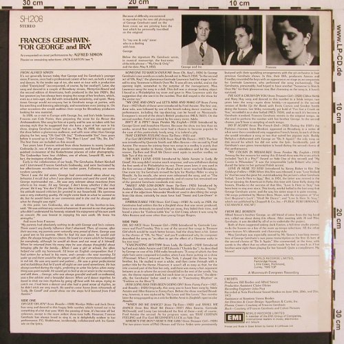 Gershwin,Frances: For George and Ira, World Rec.(SH.208), UK, 1973 - LP - X9837 - 9,00 Euro