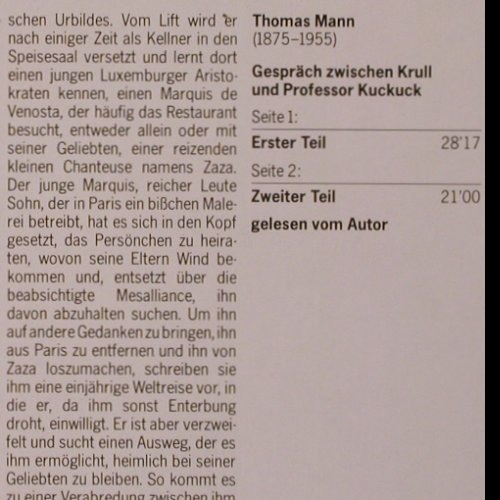 Mann,Thomas: Bekenntnisse d. Hochst..Felix Krull, Deutsche Gramophon (2571 127), D,Ri, 1957 Typ: LP Best.-Nr.: Y1804 Preis: 7,50 Euro