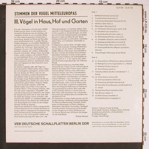 Stimmen der Vögel Mitteleuropas: 3. Vgel in Haus,Hof u. Garten, Eterna(8 21 112), DDR, 1978 - LP - Y644 - 5,00 Euro
