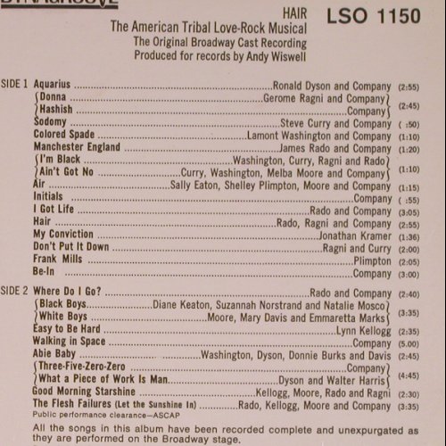 Hair: Original Broadway Cast, RCA Victor(LSO 1150), D,  - LP - Y6932 - 7,50 Euro