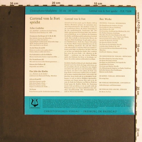 von le Fort,Gertrud - spricht: Zehn Gedichte/DasJahr der Kirche1&2, Christophorus (CLX 72 108), D, 1962 Typ: 10" Best.-Nr.: Y7057 Preis: 7,50 Euro