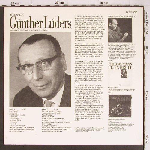 Lüders,Günther: liest Matthias Claudius, Eurodisc (88 902 XAW), D Typ: LP Best.-Nr.: Y9264 Preis: 7,50 Euro