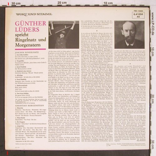 Lüders,Günther: spricht Ringelnatz u. Morgenstern, Telefunken (6.41004 AS), D, vg+/vg+, 1975 Typ: LP Best.-Nr.: Y9266 Preis: 5,00 Euro