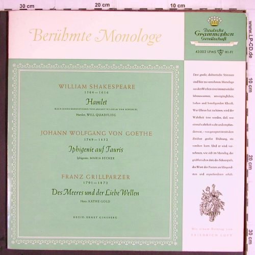 Shakespeare/von Goethe/Grillparzer: Berühmte Monologe, m-/vg+, Booklet, D.Gr.(43 002 LPMS), D, Foc, 1957 - LP - Y9686 - 7,50 Euro