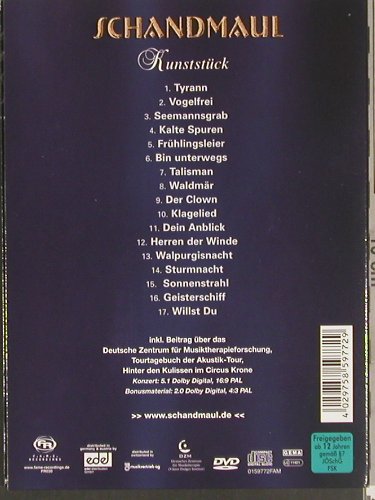 Schandmaul & Orchester: Kunststück,Live a. dem Zirkus Krone, Edel (FR030), , 2005 Typ: DVD-V Best.-Nr.: 20074 Preis: 7,50 Euro