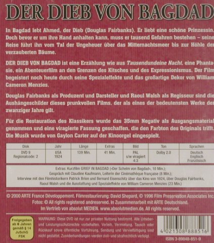 Der Dieb von Bagdad: Douglas Fairbanks,Raoul Walsh(1924), Arte Edition/StummfilmEd (851), FS-New, 2000 Typ: DVD-V Best.-Nr.: 20015 Preis: 10,00 Euro