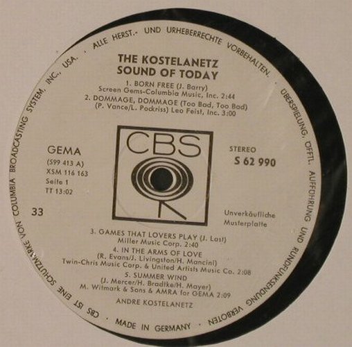 Kostelanetz,Andre: The Kostelanetz Sound of Today, CBS, Muster(S 62990), D,NoCover,  - LP - F2887 - 12,50 Euro