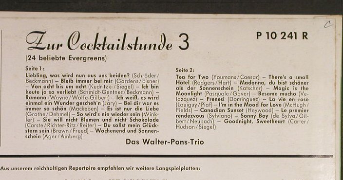 Pons Trio,Walter: Zur Cocktail Stunde 3, vg+/m-, Philips(P 10 241 R), D, 1958 - 10inch - H187 - 12,50 Euro