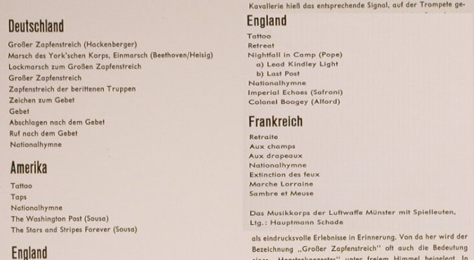 Musikkorps der Luftwaffe Münster: Zapfenstreiche der Nationen(Schade), Ariola(S 70 391 IU), D,  - LP - H8191 - 9,00 Euro
