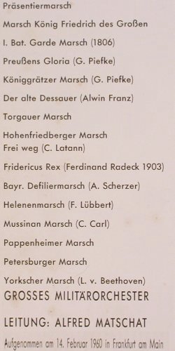Großes Militärorchester: Militärmärsche - Alfred Matschat, Odeon (STO 83 192), D,rec.1960 Typ: LP Best.-Nr.: V1012 Preis: 7,50 Euro