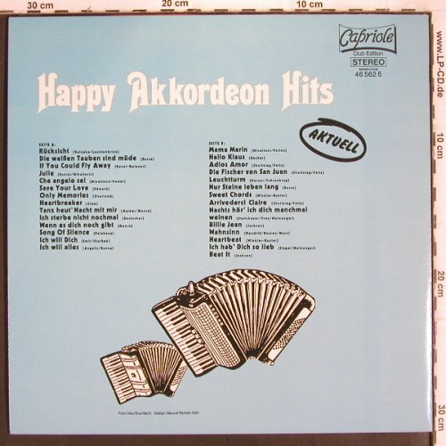 V.A.Happy Akkordeon Hits: Rücksicht.. Beat it,instr.Coververs, Capriole (46 562 5), D, 1983 Typ: LP Best.-Nr.: V1044 Preis: 4,00 Euro