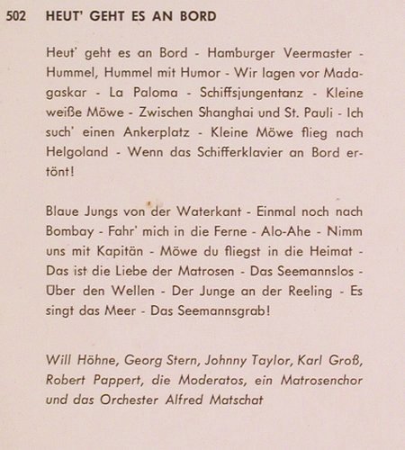 V.A.Heut' geht es an Bord: Hein Timm a.d.Haifischbar,WillHöhne, Regina (502), D, Mono Typ: LP Best.-Nr.: V2004 Preis: 9,00 Euro