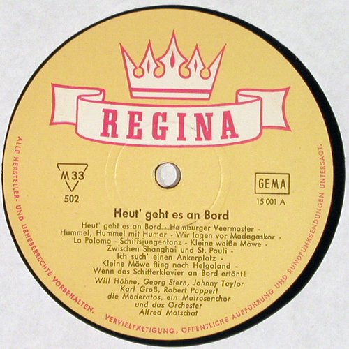 V.A.Heut' geht es an Bord: Hein Timm a.d.Haifischbar,WillHöhne, Regina (502), D, Mono Typ: LP Best.-Nr.: V2004 Preis: 9,00 Euro