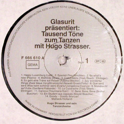 V.A.Glasurit  Ton in Ton von: Tausend Töne... Hugo Strasser, Electrola(F 666 610), D,  - LP - V2399 - 7,50 Euro