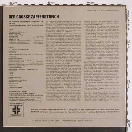 Heeresmusikkorps 5 der BW: Der große Zapfenstreich, RBM Records (RBM 9019-MU 02), D, 1975 Typ: LP Best.-Nr.: V3132 Preis: 9,00 Euro