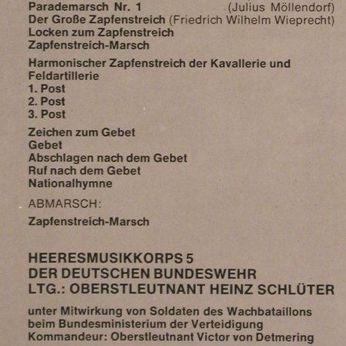 Heeresmusikkorps 5 der BW: Der große Zapfenstreich, RBM Records (RBM 9019-MU 02), D, 1975 Typ: LP Best.-Nr.: V3132 Preis: 9,00 Euro