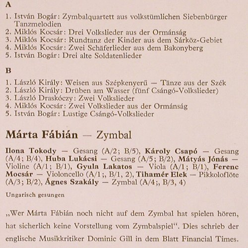Fabian,Marta -  Chamber Ensemble: Hungarian Cimbalom Music, Hungaroton (SLPX 18062), H, 1980 Typ: LP Best.-Nr.: V413 Preis: 9,00 Euro