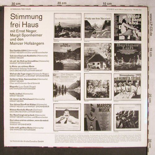 V.A.Stimmung frei Haus: Ernst Neger, Margit Sponheimer..., Baccarola (76 263 ZU), D, 1967 Typ: LP Best.-Nr.: X5398 Preis: 9,00 Euro
