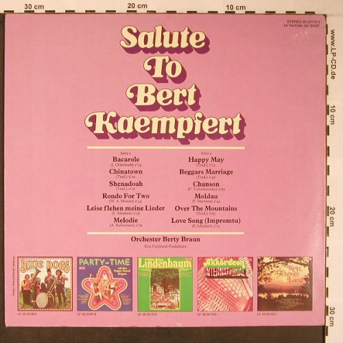 Braun Orchester,Beri: Salute to Bert Kaempfert, punkt/BASF (05 22173-3), D, 1974 Typ: LP Best.-Nr.: X5899 Preis: 7,50 Euro