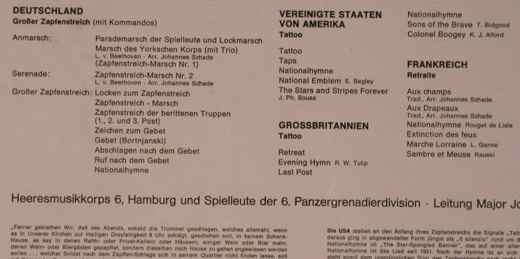 Heeresmusikkorps 6 Hmb: Zapfenstreiche der Nationen, FS-New, Falcon (L-ST 7019), D Typ: LP Best.-Nr.: X6232 Preis: 20,00 Euro