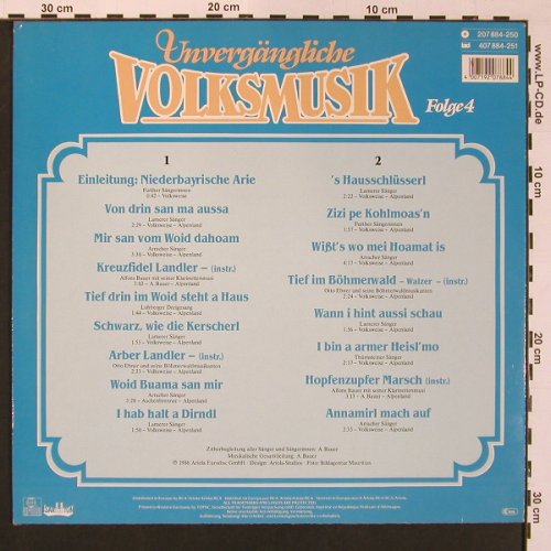 V.A.Unvergängliche Volksmusik: Folge 4, Aus dem Bayerischen Wald, Isar Ton Ariola (207 884-250), D, 1986 Typ: LP Best.-Nr.: X8714 Preis: 5,00 Euro